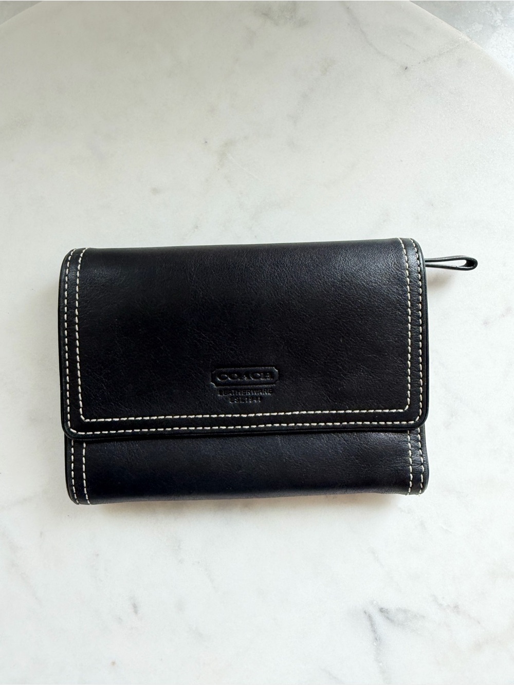 Vintage Coach Black Leather Medium Trifold Wallet - White Stitching Y2K